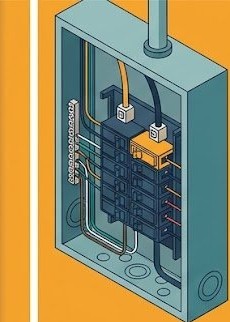 Close-up illustration of an open residential electrical panel showing circuit breakers and a highlighted breaker for the EV charger circuit