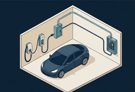 Isometric illustration of a home garage EV charger installation showing conduit routing from the wall-mounted charger to the electrical panel