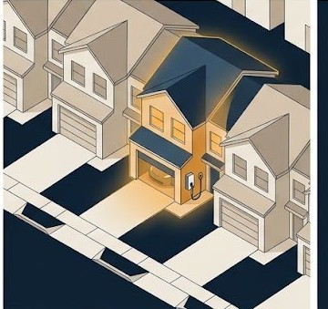 Isometric illustration of a townhome community with one home highlighted showing an EV charger installed in its driveway