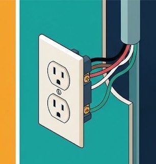 Cutaway diagram of a NEMA 14-50 outlet showing the four internal wires (hot, hot, neutral, ground) behind the wall plate