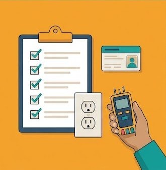 Illustration of an inspection checklist with checkmarks, an ID card, an outlet, and a hand holding an electrical tester