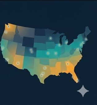 Stylized map of the United States representing EV charging infrastructure and permit requirements across all 50 states